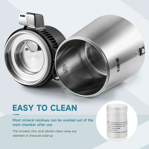Interior view of 4L Brushed Stainless Steel Tabletop Water Distiller with Glass Pot, showing removable chamber and lid.