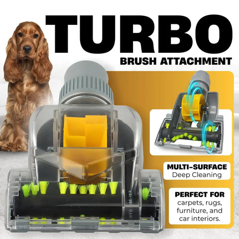 All Purpose Vacuum Attachment Kit With Air Driven Pet Upholstery Turbo Brush And Swivel Head Nozzles 10 Piece Set turbo brush close-up