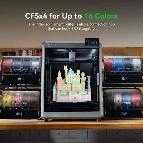 Multi Color Filament System CFS Upgrade Kit For K1 SE K1C And K1 Max 3D Printers showcasing colorful castle print and filament buffer.