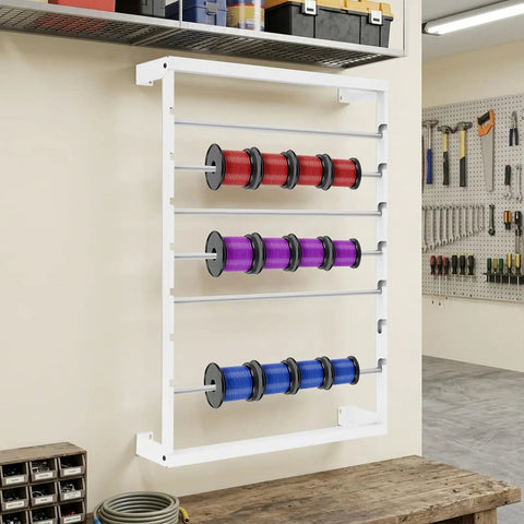 6 Rod Wall Mounted Wire Spool Rack Adjustable Cable Organizer For Garage Workshop Save Space Easy Install White Mounting Hardware Included Keep Cables Neat And Tidy Perfect For Office Or Industrial Use showing colorful spools in a workshop setting.