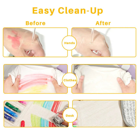 Killer Pack Of Butter Smooth Tempera Paint Sticks showing easy clean-up on hands, clothes, and desk in vibrant colors.