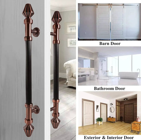 Red Copper Sliding Barn Door Handle Set For Wood Doors, Two-Side Push Pull Bar Handle, Interior And Exterior Round Design