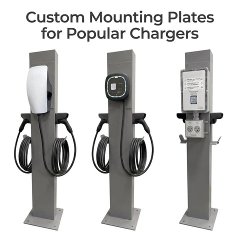 Commercial Grade Dual Port Electric Charger Pedestal Rock Solid Aluminum Freestanding Stand For Level Two Chargers with custom mounting plates.