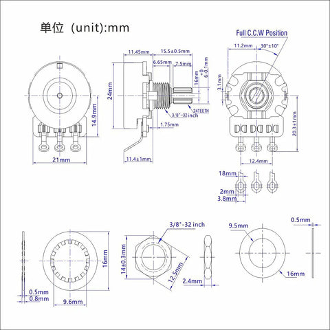 Technical diagram of Two Pack B250K Linear Guitar Pots With Fifteen Point Five Millimeter Short Split Shaft And Twenty Four Spline Knurled Shaft For Electric Guitar And Bass Control Plate Mounting Low Noise Smooth Feel Perfect For Gear Heads