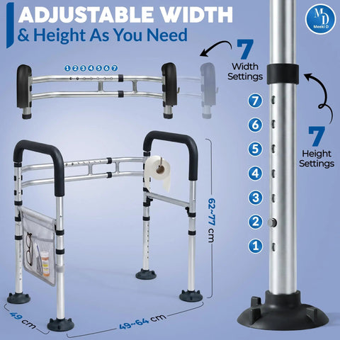 Premium Toilet Safety Rails For Aging Adults And Rehab Users Offers No Sweat Setup With Traction Handholds and height adjustments.