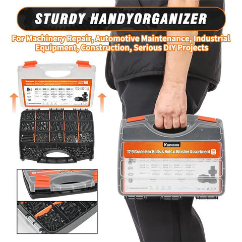 Badass Heavy Duty 12.9 Grade Metric Hex Bolt And Nut Assortment Kit With Rugged Spring And Flat Washers 960 Piece Pro Level hardware set being carried