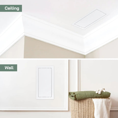Rock Solid White Abs Plastic Access Panel With Six By Twelve Inch Cut Out For Drywall Wall And Ceiling Patch shown in ceiling and wall.