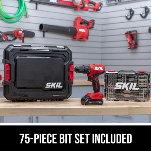 Tough As Nails 20V Brushless Cordless Hammer Drill Kit With Quick Charge Battery And Secure Case Holding 75 Heavy Duty Bits.