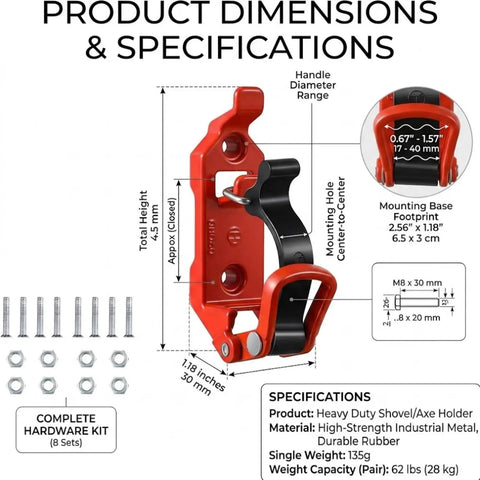 Diagram of Heavy Duty Shovel Mount For Roof Rack With Metal Rubber Axe Holder And Quick Release Clamps For Trucks Red Roof Rack Brackets