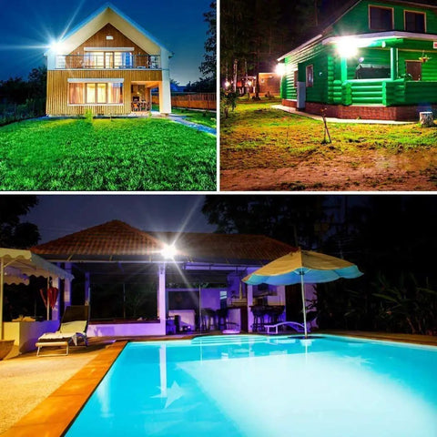 JUDYSSY Led Flood Lights Outdoor Solar Lights illuminating garden and pool area at night, showcasing vibrant color changes and features.