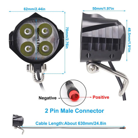 Electric Bike Front Light 200 Lumen Headlight With 2 Pin Waterproof Connector, detailed view with dimensions and connectors