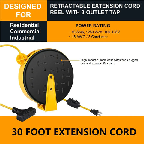 30 Foot Retractable Extension Cord Reel With 16 AWG SJTW Heavy Duty Cable, 3 Outlets And 10 Amp Circuit Breaker, Ceiling Or Wall Mountable In Metal Housing, UL Listed For Home Garage And Shop Use Built For Tough Jobs