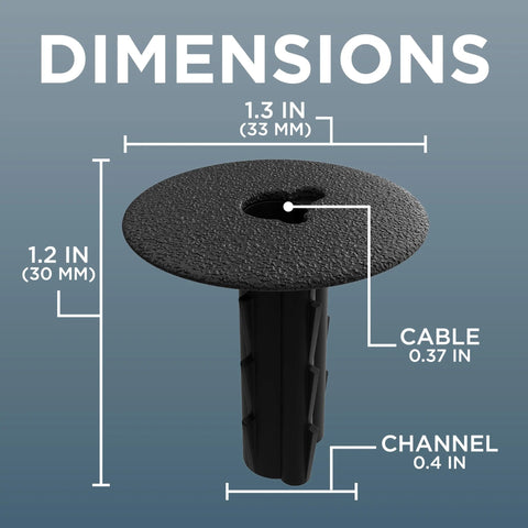 Front view: black plastic RG6 coax feed-through wall grommet/bushing; 1.2 in tall, 1.3 in diameter
