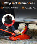 Floor jack pad for Tesla vehicles; black rubber puck under a red floor jack; 4-pack with storage bag.