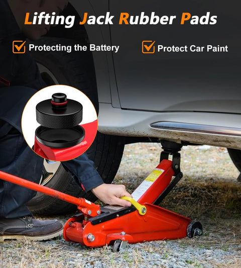 Floor jack pad for Tesla vehicles; black rubber puck under a red floor jack; 4-pack with storage bag.