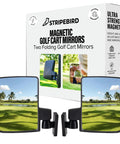 Magnetic Golf Cart Mirrors 2.0 in package, featuring two folding side mirrors with ultra strength magnets for EZ Go and Club Car.
