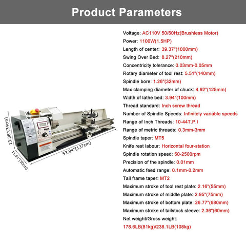 Product parameters for Precision Benchtop Mini Metal Lathe 8×39 Inch With Brushless Motor, Variable Speed 50-2500 RPM, 1100W power.