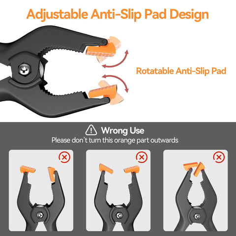 Six Pack Heavy Duty 4.5 Inch Plastic Spring Clamps showing adjustable anti-slip pad design for photography studios