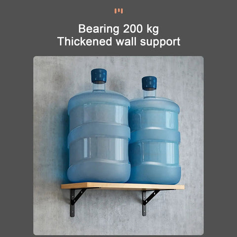 Heavy Duty Steel Shelf Brackets With Screws Triple Tripod Triangle L Brackets For Floating Shelving Units Hella Sturdy Heavy Supports With No Sweat DIY Installation Solid White Finish One Pair holding two large water bottles on a wooden shelf.