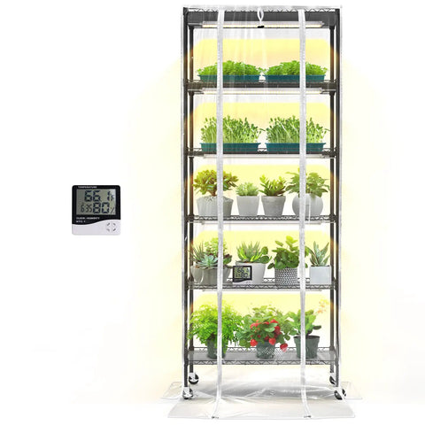 Indoor Greenhouse With Grow Lights And 6 Tier Plant Shelf On Wheels 150W Full Spectrum Grow Lights With 3 Color Modes For Seed Starting And Indoor Plants 29.5 L x 13.8 W x 71 H showing various plants with a digital thermometer display.