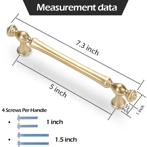 Gold Kitchen Cabinet Handles 5 Inch Brushed Brass Cabinet Pulls 10 Pack 128mm with measurement details
