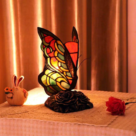 Butterfly Tiffany Style Stained Glass Accent Table Lamp Night Light With 7 Inch Wide Handmade Lampshade For Bedside Bedroom Or Living Room 9 Inch Tall Uses 25W E12 Bulb Max Not Included