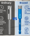 Comparison of Heavy Duty Five Piece Vacuum Brazed Diamond Core Drill Bits Set Features 1/4 Inch Hex Shank vs Ordinary drill bits.