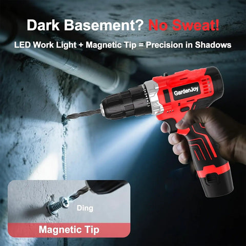 12V Cordless Drill And Driver Set With Two Batteries Ultra Lightweight shown in use on a wall, featuring LED light and magnetic tip.