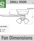 Diagram of 42 Inch Newsome Premier Bronze Low Profile Ceiling Fan With LED Light Kit And Pull Chain dimensions for low ceilings.