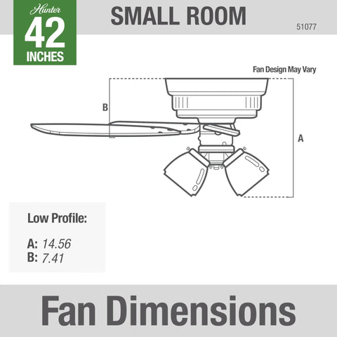 Indoor Low Profile Ceiling Fan With Dope LED Light And Pull Chain, dimensions diagram, 42 inch, classic white glass cover, side view