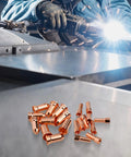 Top Tier Plasma Cutter Consumables Kit For PT100 Torch Replacement Parts Featuring 1.2mm Nozzles And Electrodes Set on metal table.