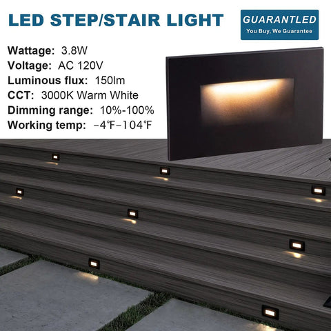 Six Pack Outdoor Step Lights 120V 3CCT Selectable Dimmable LED Stair Lighting in brown aluminum on wooden deck steps