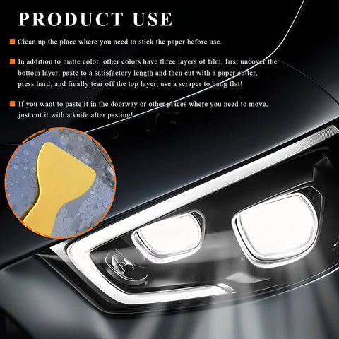 12X48 Inch Matte Black Taillight Tint Film Kit With Squeegee And Cutter on car headlight with application instructions.