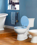 Blue Round Toilet Seat With Zinc Alloy Hinges, No Fuss Easy Install And Clean, Scratch Resistant Natural Wood Finish, Fits All American Toilets in bathroom