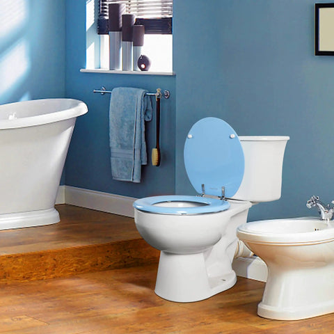 Blue Round Toilet Seat With Zinc Alloy Hinges, No Fuss Easy Install And Clean, Scratch Resistant Natural Wood Finish, Fits All American Toilets in bathroom