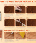 Instructions for using No Sweat Quick Fix Wood Repair Kit with touch-up sticks and filler for laminate floors.
