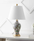 24 Inch Tall Multicolor Gold French Country Ceramic Floral Urn Table Lamp With White Linen Shade Chinoiserie Ginger Jar Bedside Lamp