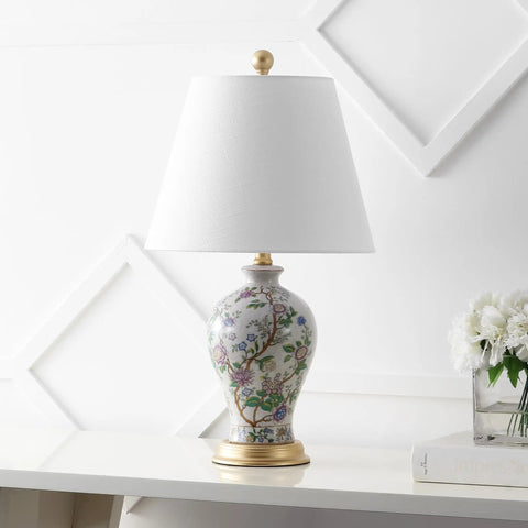 24 Inch Tall Multicolor Gold French Country Ceramic Floral Urn Table Lamp With White Linen Shade Chinoiserie Ginger Jar Bedside Lamp