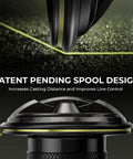 Close-up of Sharky X Spinning Reel spool design and line control for casting efficiency in freshwater and saltwater fishing.