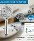 Diagram of High Pressure Handheld Shower Head With 10 Spray Settings, detachable 59-inch hose, and adjustable bracket, chrome finish.