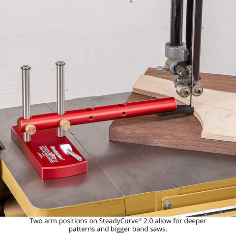 Replacement Pattern Follower Tips For Half Inch Band Saw Template Guide attached to a band saw with wood pieces for precise cutting.