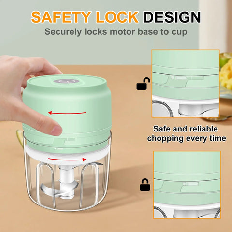 Chill Out With This Tiny Wireless Garlic Chopper That Zips Mini Food Processing. Safety lock design on compact electric mincer.