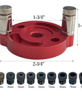 Heavy Duty Woodworking Dowel Jig Drill Guide With Vertical Pocket Hole Locating System Featuring Rock Solid Aluminum Build And Full Metric Bushing Set For Dead On Alignment Every Single Project, showing red aluminum base and metric bushings.