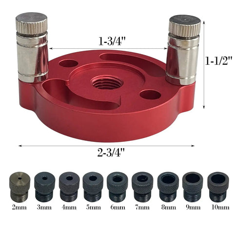 Heavy Duty Woodworking Dowel Jig Drill Guide With Vertical Pocket Hole Locating System Featuring Rock Solid Aluminum Build And Full Metric Bushing Set For Dead On Alignment Every Single Project, showing red aluminum base and metric bushings.