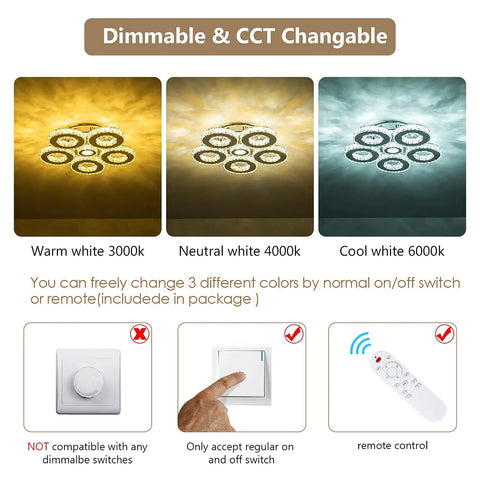 Color temperature options for Crystal Flush Mount Ceiling Light with remote control, dimmable LED chandelier, 3000K to 6000K, chrome finish.