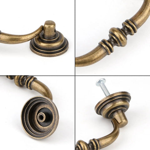 Antique Drop Bail Drawer Pulls Set Of Four In Bronzed Finish, close-up of vintage cabinet handles with screws