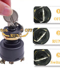 Close-up of a multi-position ignition switch with key, showing positions OFF, RUN, and Switch with visual instructions.