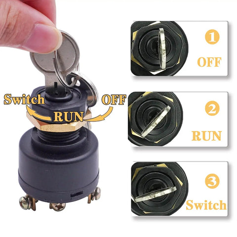 Close-up of a multi-position ignition switch with key, showing positions OFF, RUN, and Switch with visual instructions.