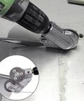 Professional Titanium Steel Drill Nibbler Sheet Metal Cutter Attachment in use on metal surface with drill.