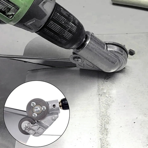 Professional Titanium Steel Drill Nibbler Sheet Metal Cutter Attachment in use on metal surface with drill.